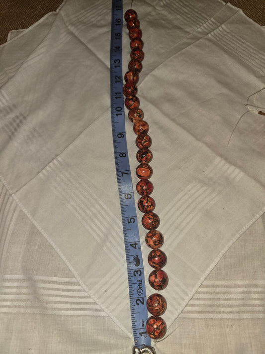 Picasso Jasper Red Creek Jasper round bead strand, red brown mosaic, 23 beads, 16 inches, with ruler for scale