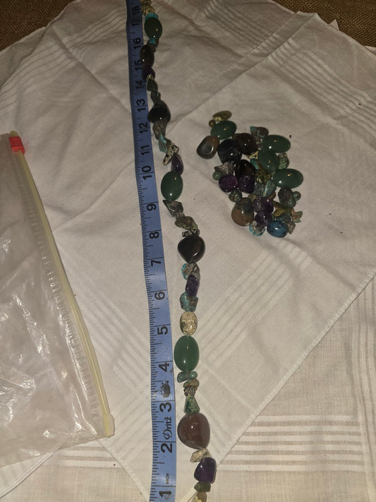 Mixed natural gemstone lot, one strand plus loose extras, green amethyst turquoise black beads, with ruler for scale