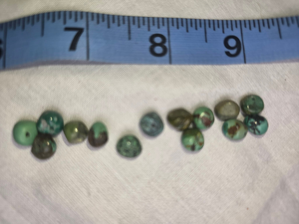Genuine turquoise flat round coin beads with ruler for scale