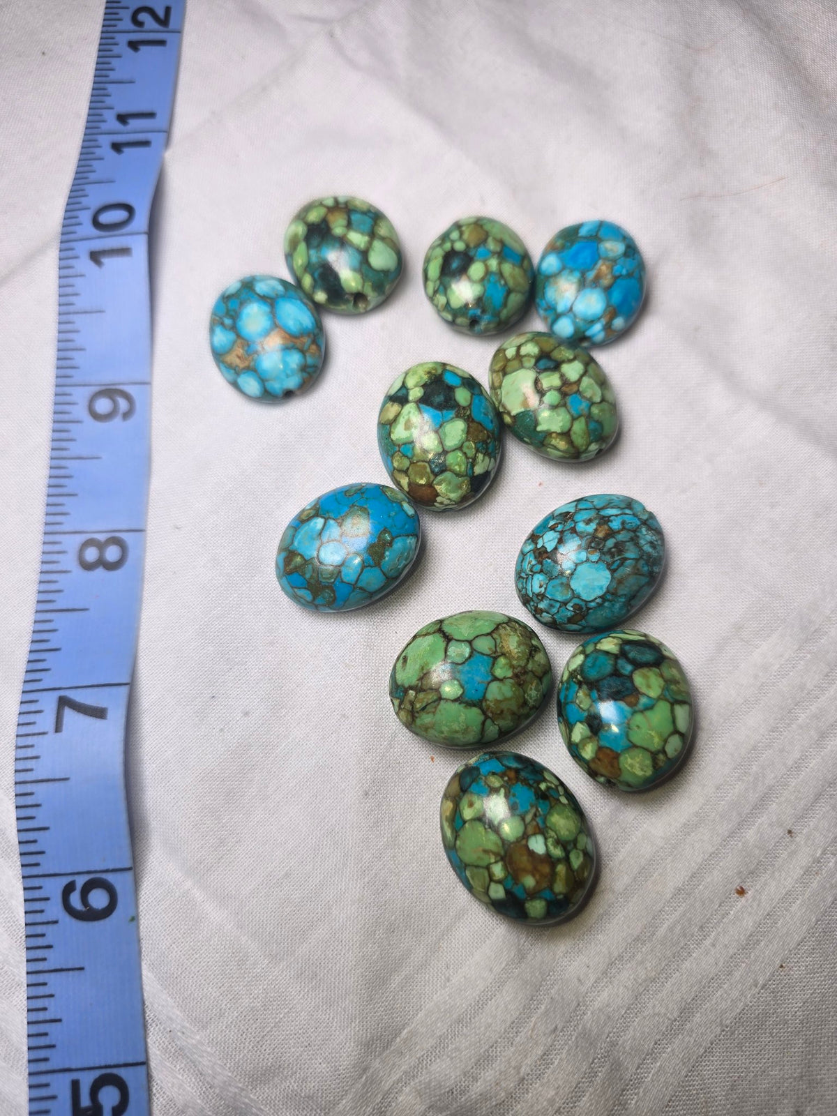 Mixed blue green Picasso Jasper oval beads loose lot with ruler